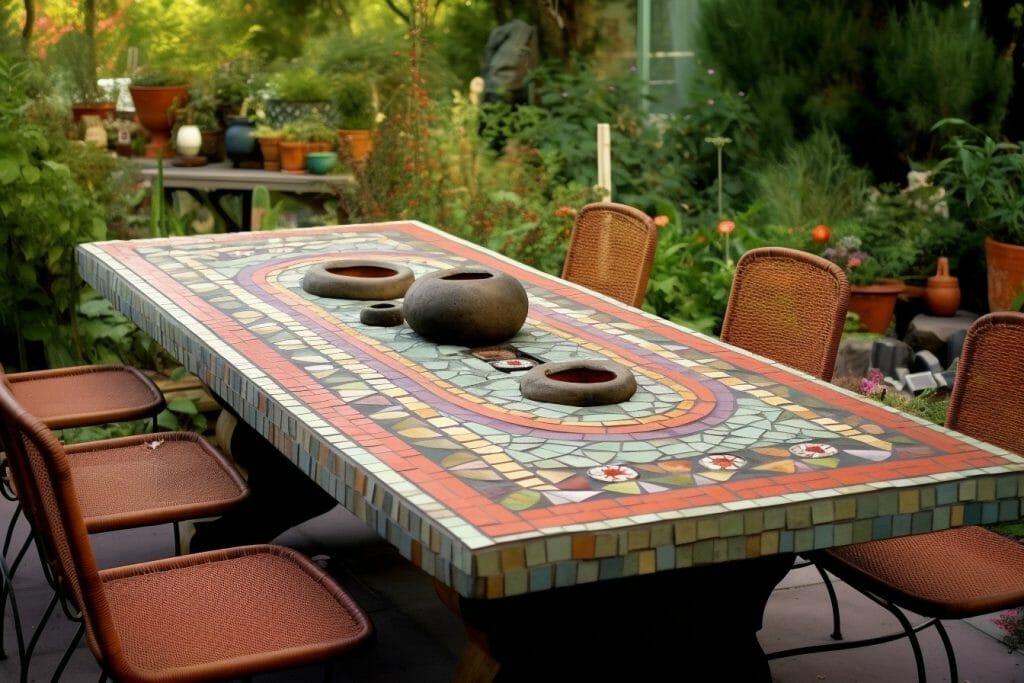 table de jardin en pierre et mosaique proche dun étang photo réelle